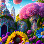 Fantastical Landscape with Oversized Flowers and Whimsical Structures