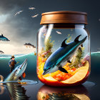 Surreal image of giant fish in jar with citrus slices, fisherman, and flying fish in