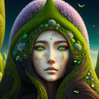 Vibrant portrait of a woman with lush forest-themed headdress