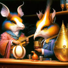 Anthropomorphic foxes in elegant attire having tea with lute, surrounded by luxury items and golden