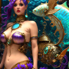 Mermaid with Purple Hair and Gold Jewelry in Steampunk Fish Submarine