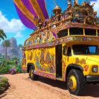 Colorful Ornate Bus Driving Through Vibrant Tropical Landscape