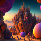 Fantastical landscape with alien structures and floating spheres at twilight