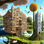 Surreal multi-story treehouse in whimsical landscape