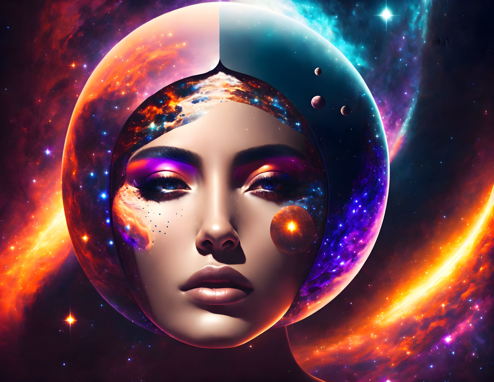 Cosmic-themed surreal portrait of a woman with helmet.