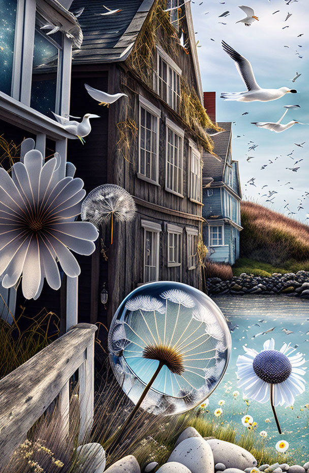 Whimsical seaside scene with oversized dandelion seeds and seagulls