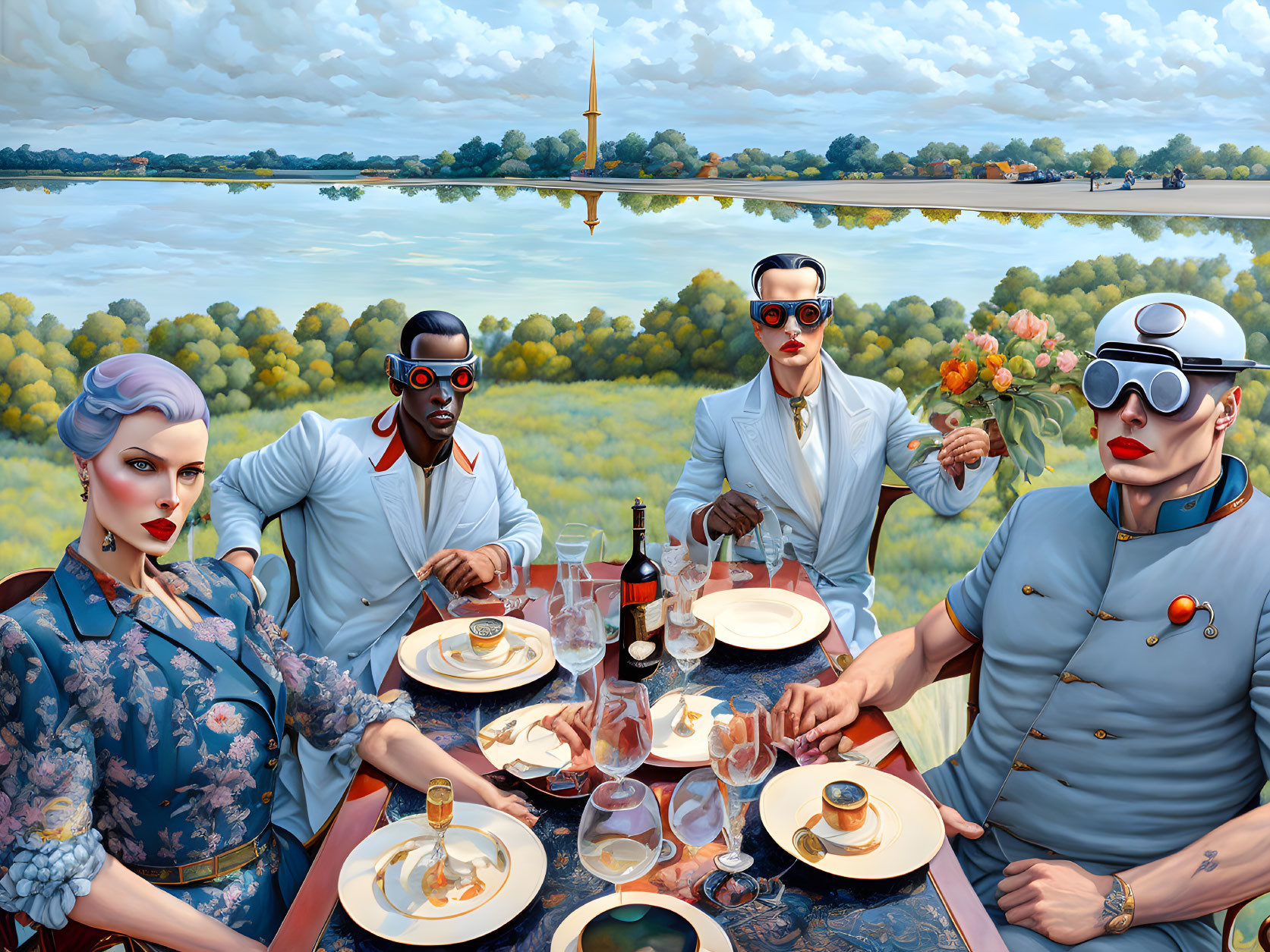 Futuristic individuals dining by river in stylized illustration