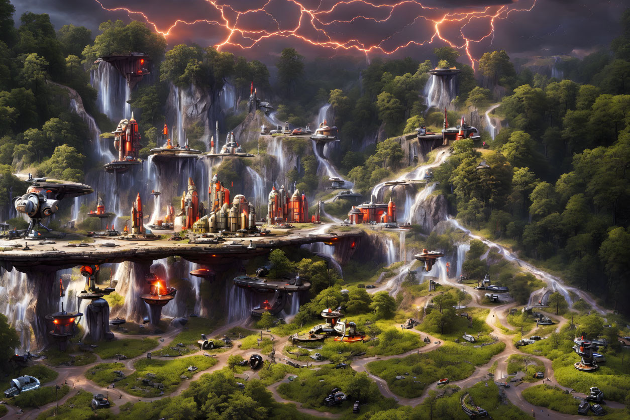 Futuristic city with integrated waterfalls, stormy sky, flying vehicles, and lush greenery