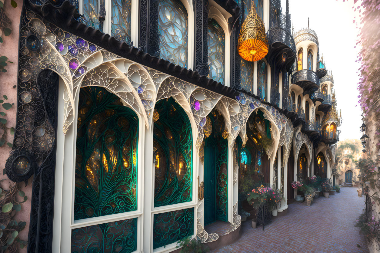 Elaborate Gothic and Art Nouveau building in cobblestone alley