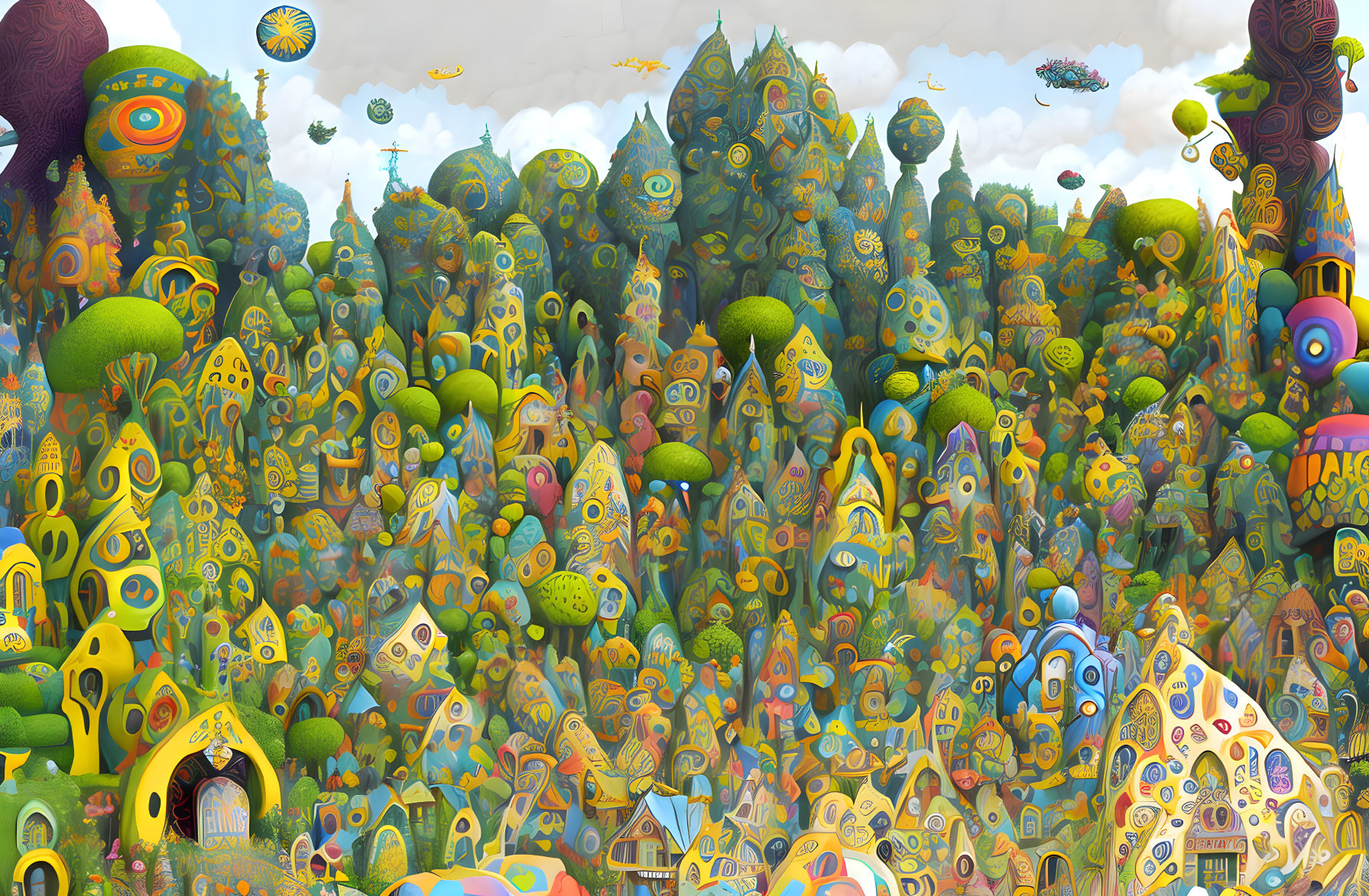 Vibrant whimsical landscape with eye-like patterns and floating islands