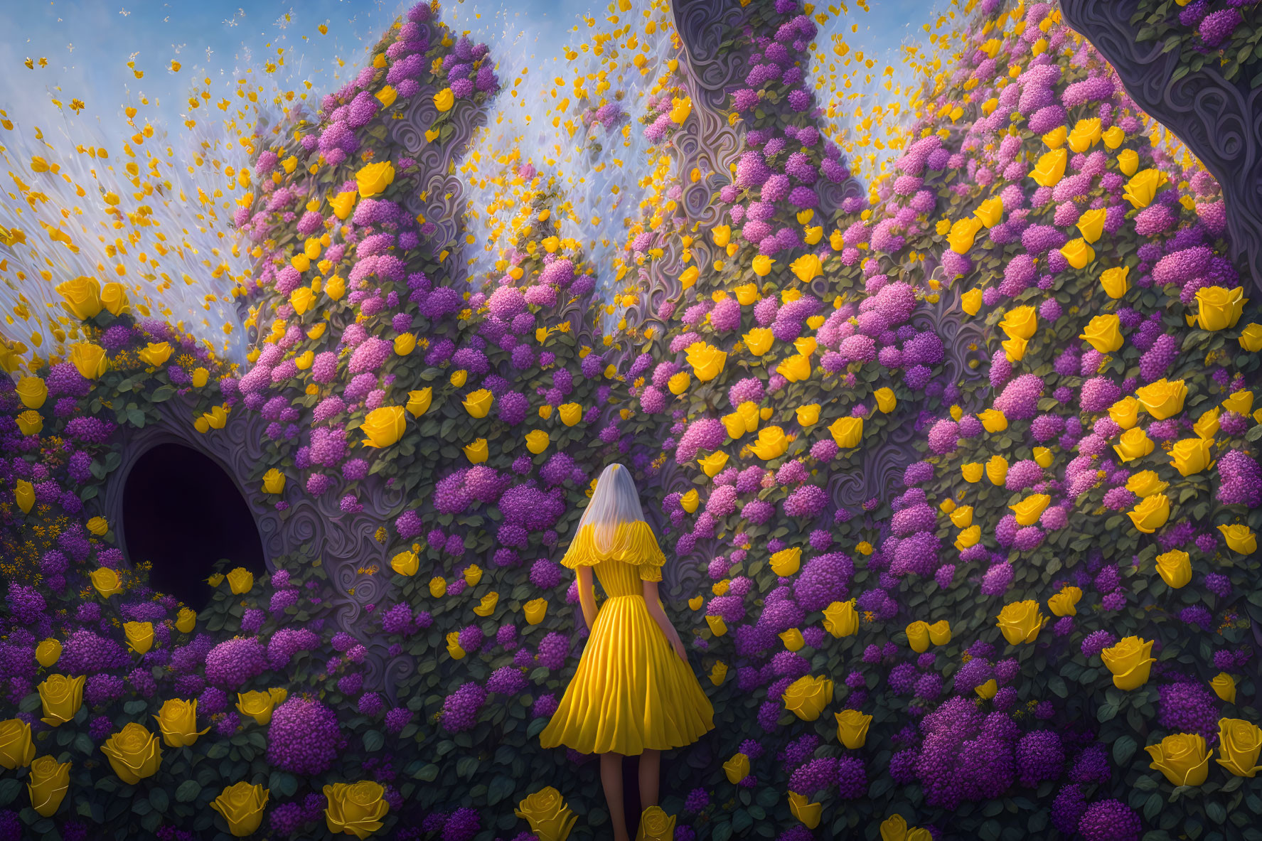 Person in yellow dress posing in front of purple and yellow floral display under sky with floating petals