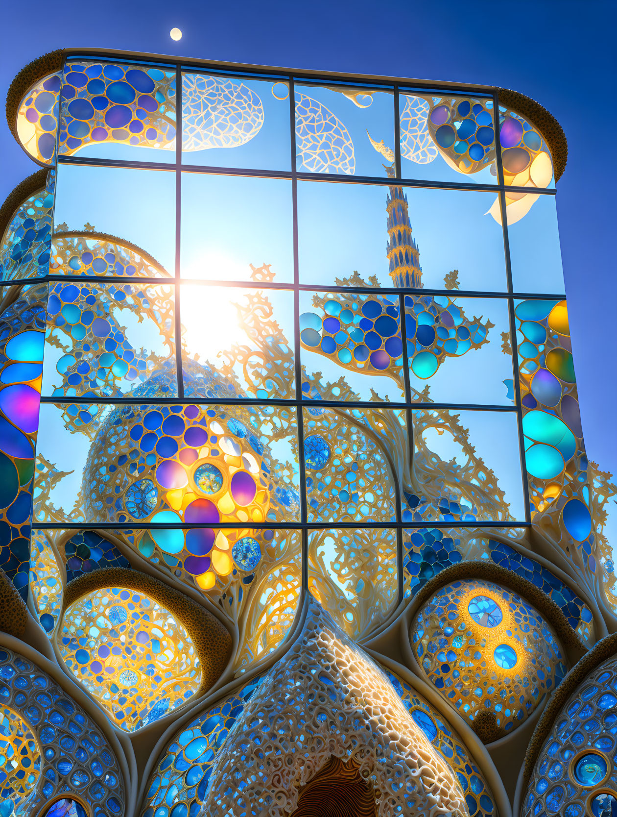 Ornate futuristic building with iridescent colors and intricate patterns