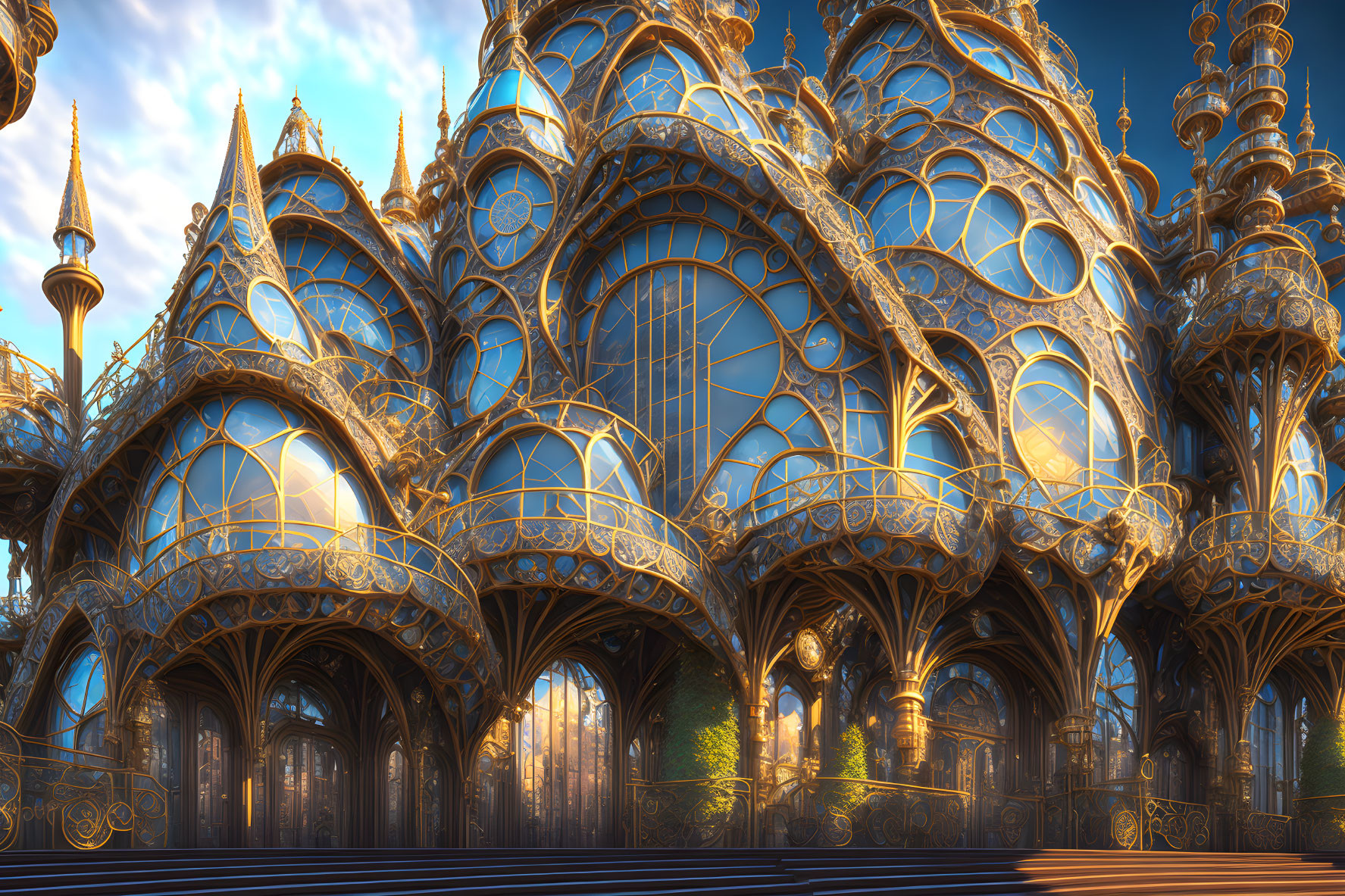 Fantasy palace with golden arches and spires under clear blue sky