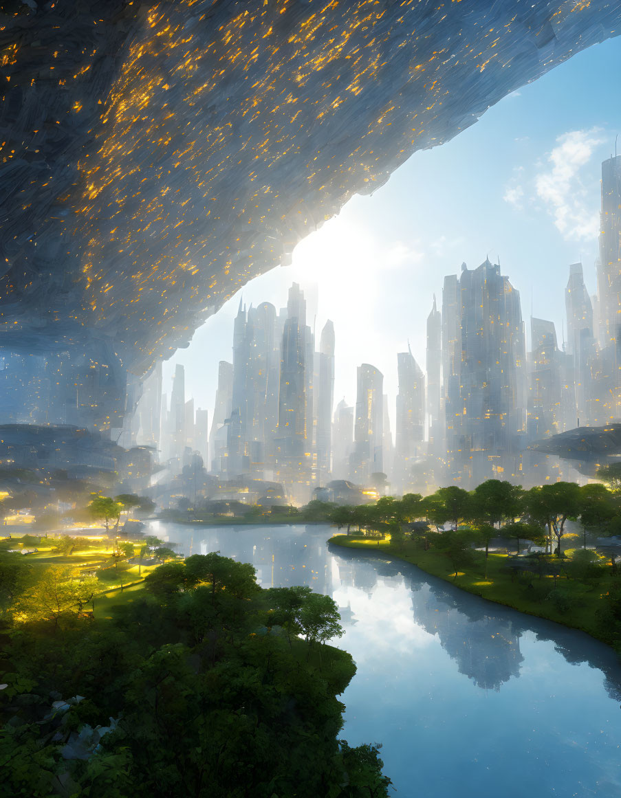 Futuristic cityscape with skyscrapers, river, greenery, and glowing cave ceiling