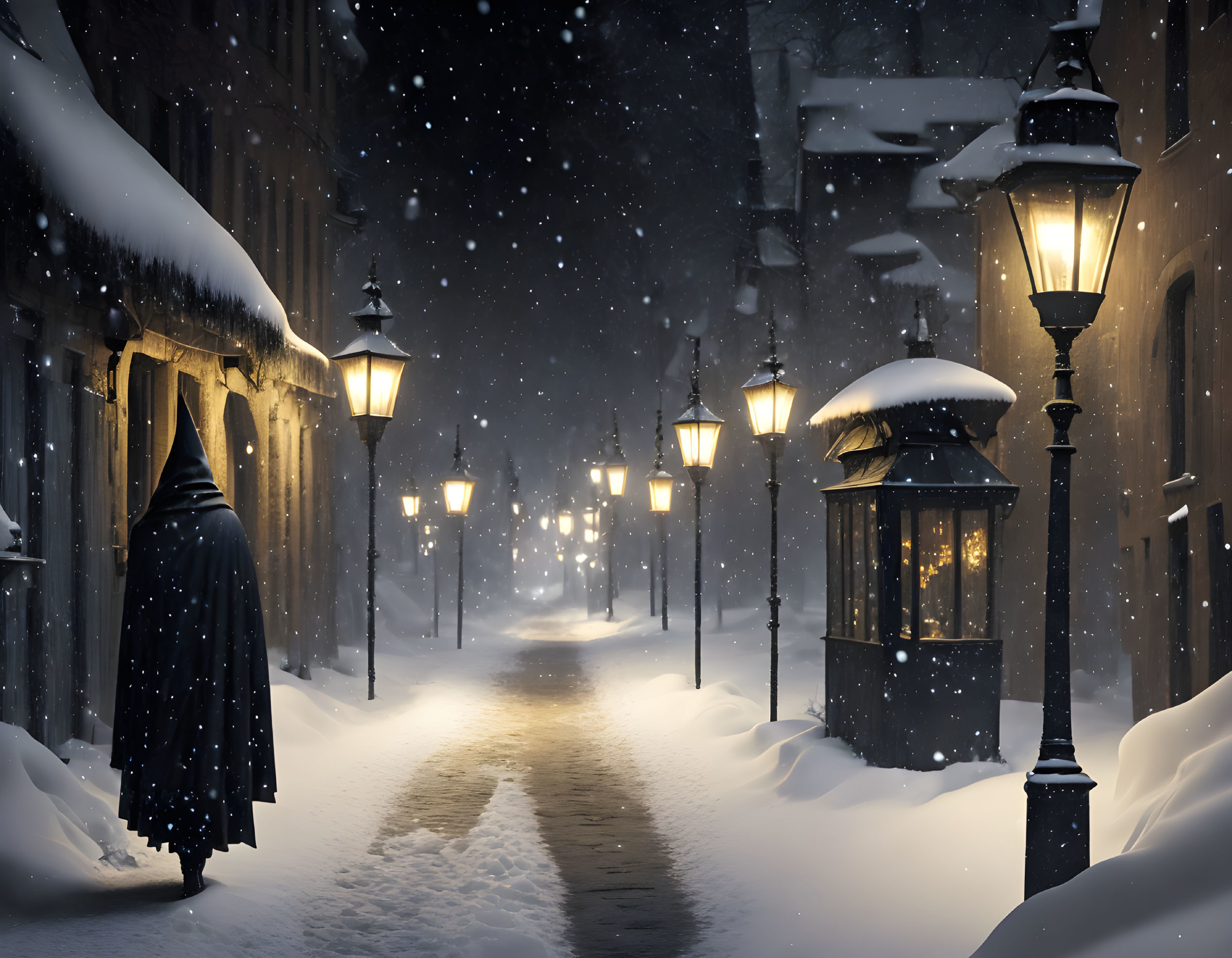 Mysterious figure in cloak on snowy, lamp-lit street