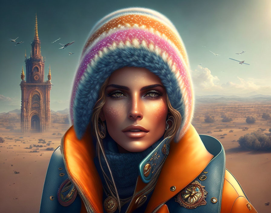 Stylized woman with colorful makeup and hat in desert fantasy scene