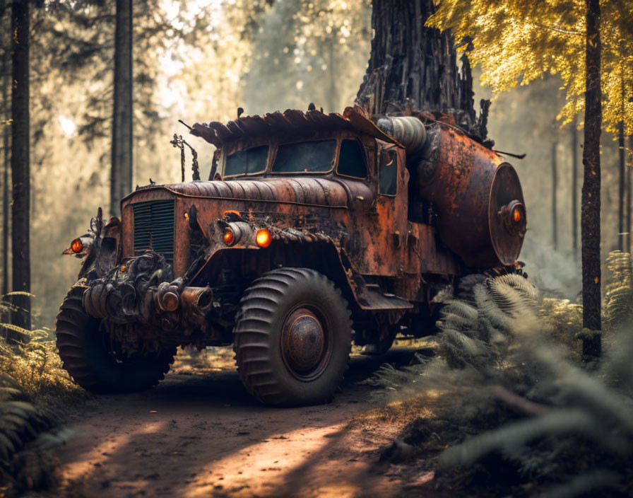 Rusty truck with large wheels in misty forest under sunlight