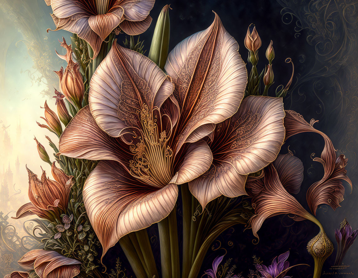 Detailed Digital Artwork: Oversized Fantastical Flowers in Bronze and Cream Hues