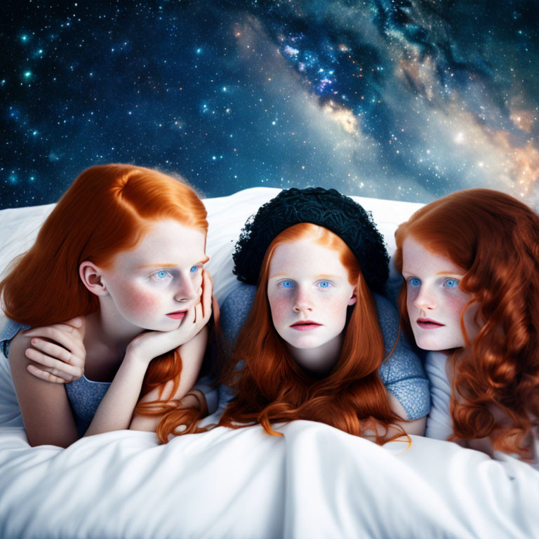 Three redheads on bed under starry sky.