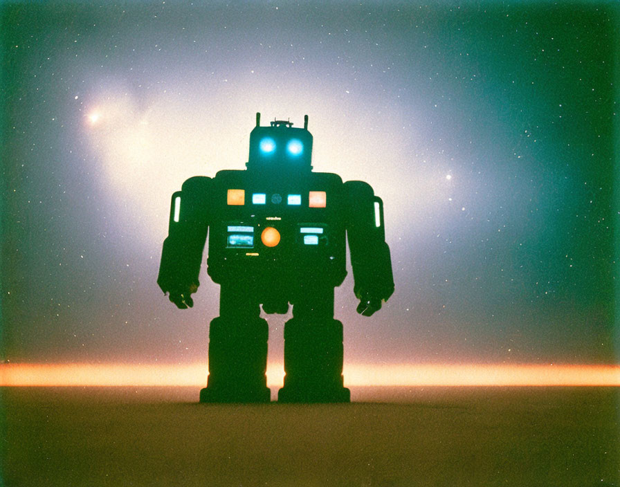 Silhouetted robot with glowing blue eyes against celestial horizon