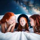 Three redheads on bed under starry sky.