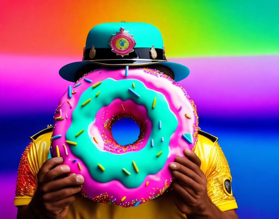 Person in Colorful Uniform Holding Giant Pink Donut on Rainbow Background