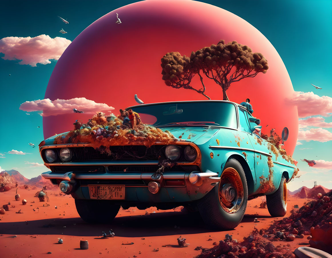 Vintage Blue Car Covered in Plants in Desert Landscape with Red Sun