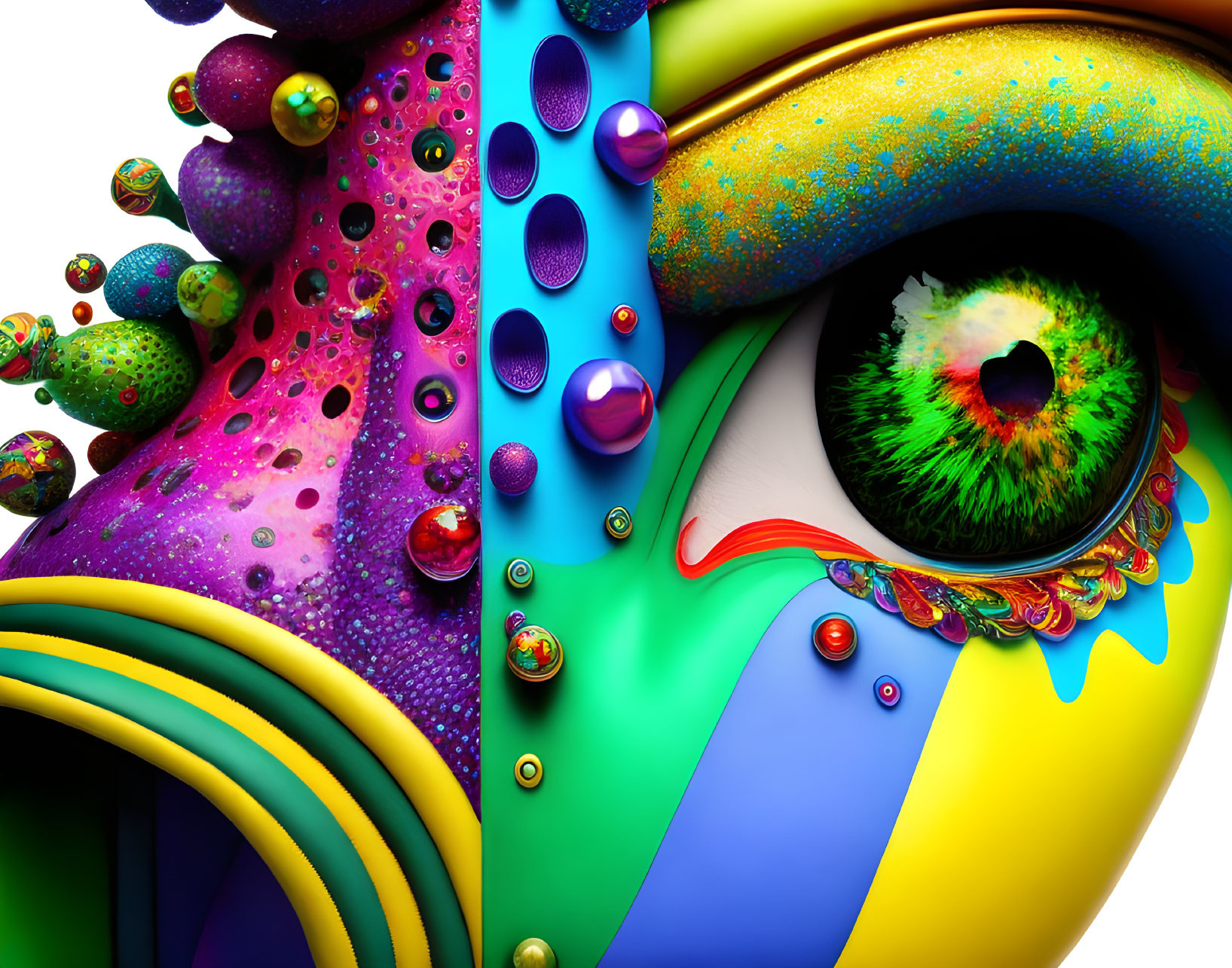 Colorful surreal eye artwork with glossy spheres on psychedelic background