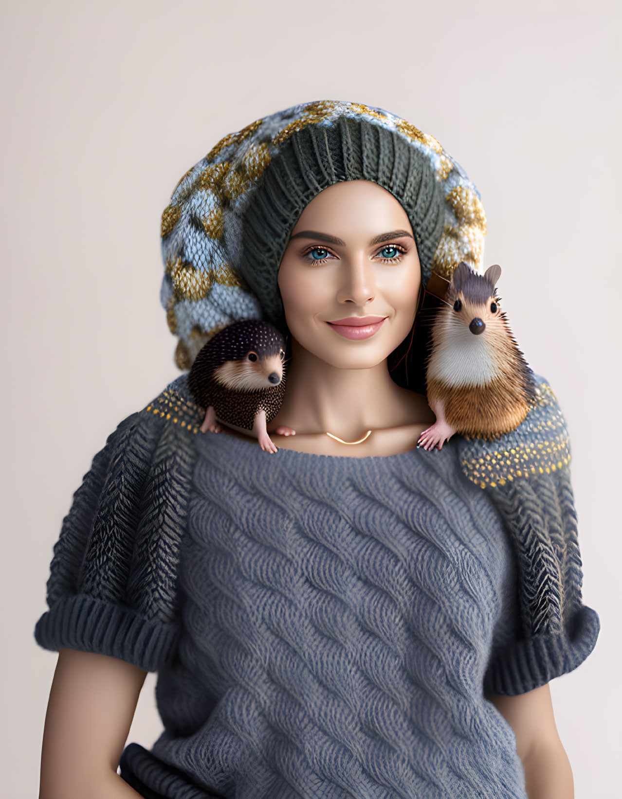 Woman in knitted hat and sweater with two hedgehogs on shoulder