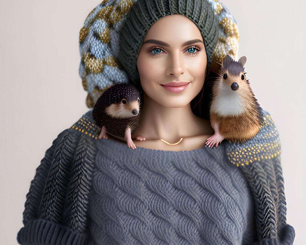 Woman in knitted hat and sweater with two hedgehogs on shoulder