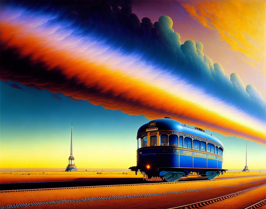 Colorful art: Blue tram on tracks with futuristic elements and Eiffel Tower in background