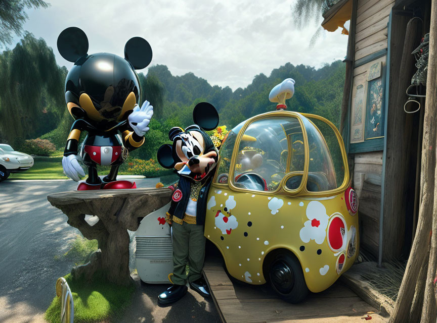 Two Mickey Mouse figures with classic car and rustic cabin backdrop