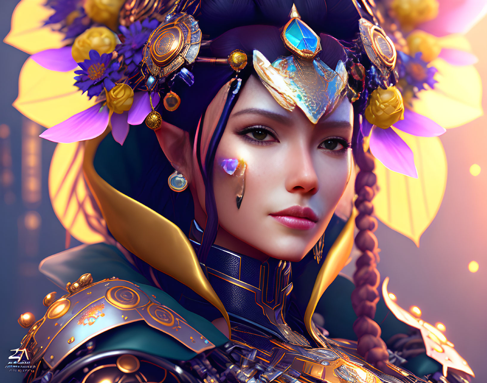 Detailed digital portrait of woman in golden-blue armor and jeweled headdress.