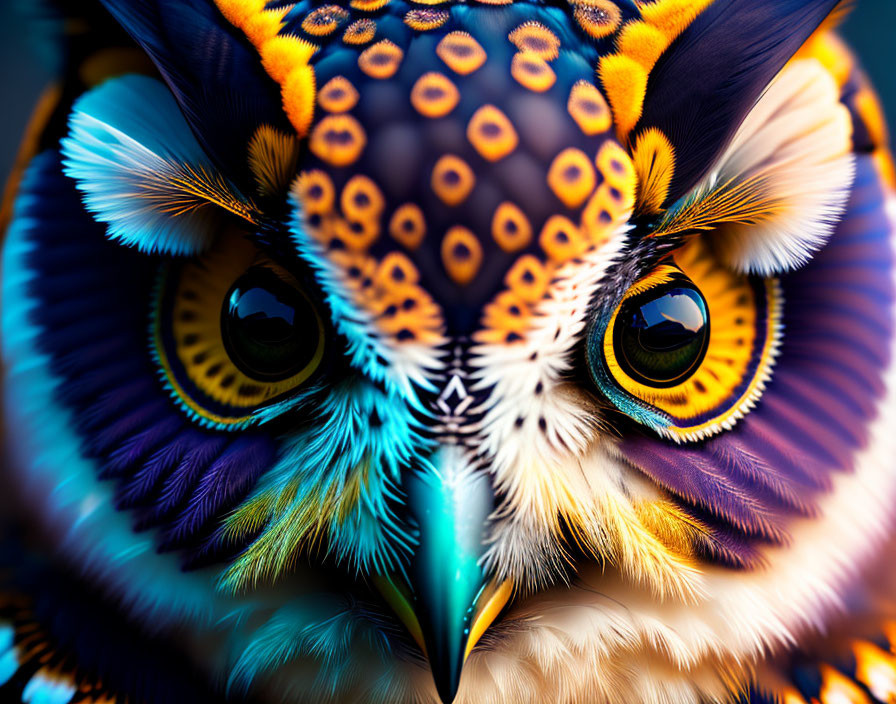 Detailed close-up of a vibrant owl with colorful feathers and intense eyes