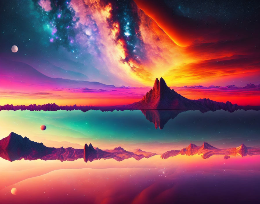 Colorful cosmic landscape with reflective water and silhouetted mountains