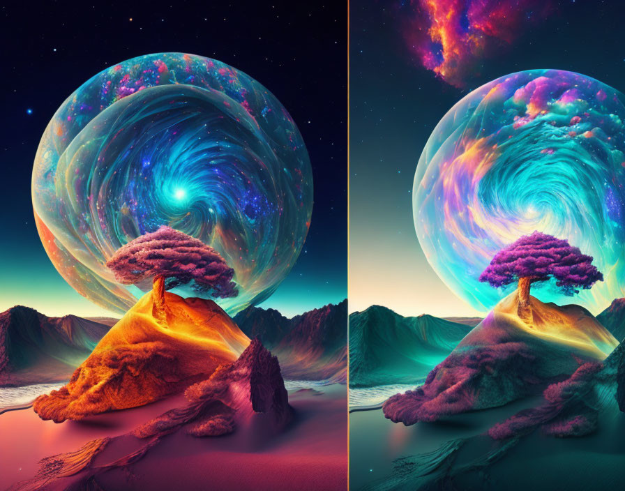 Vibrant cosmic whirlpool sky over mountainous landscape with tree