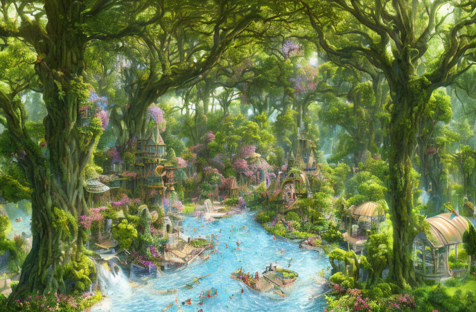 Colorful fantasy landscape with lush greenery, whimsical structures, and serene river.