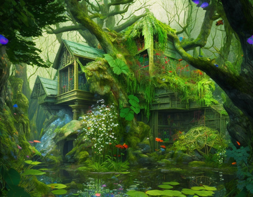 Enchanted Forest Scene with Mossy House, Flowers, and Pond