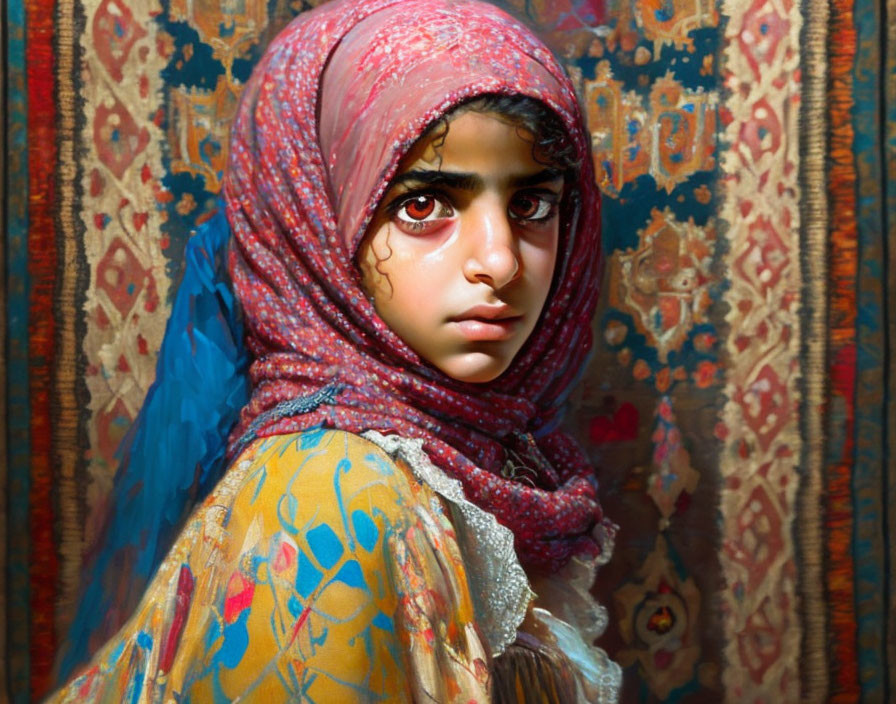 Young girl with striking eyes in colorful headscarf and shawl against patterned backdrop