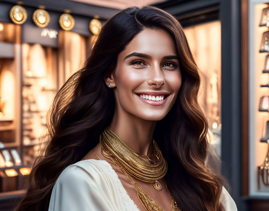 Long-haired woman with gold jewelry smiling in shop background