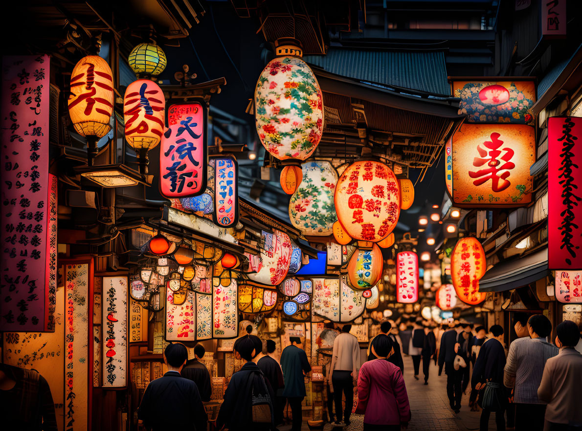 Vibrant traditional lanterns light up bustling street at dusk