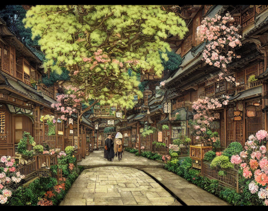 Traditional Japanese street with cherry blossoms and wooden buildings