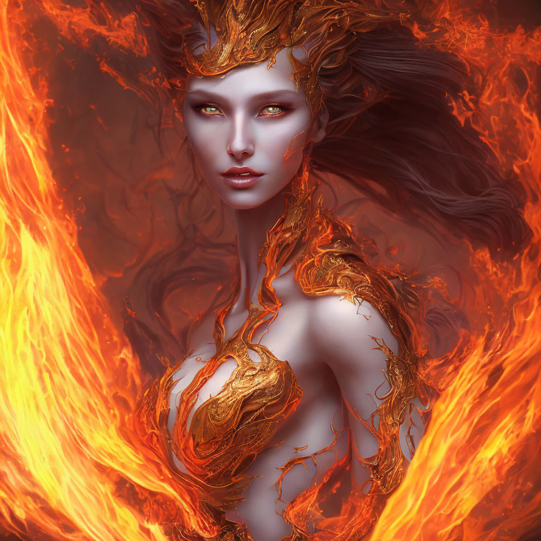 Fantasy illustration of woman with golden flame-like hair and fiery backdrop.