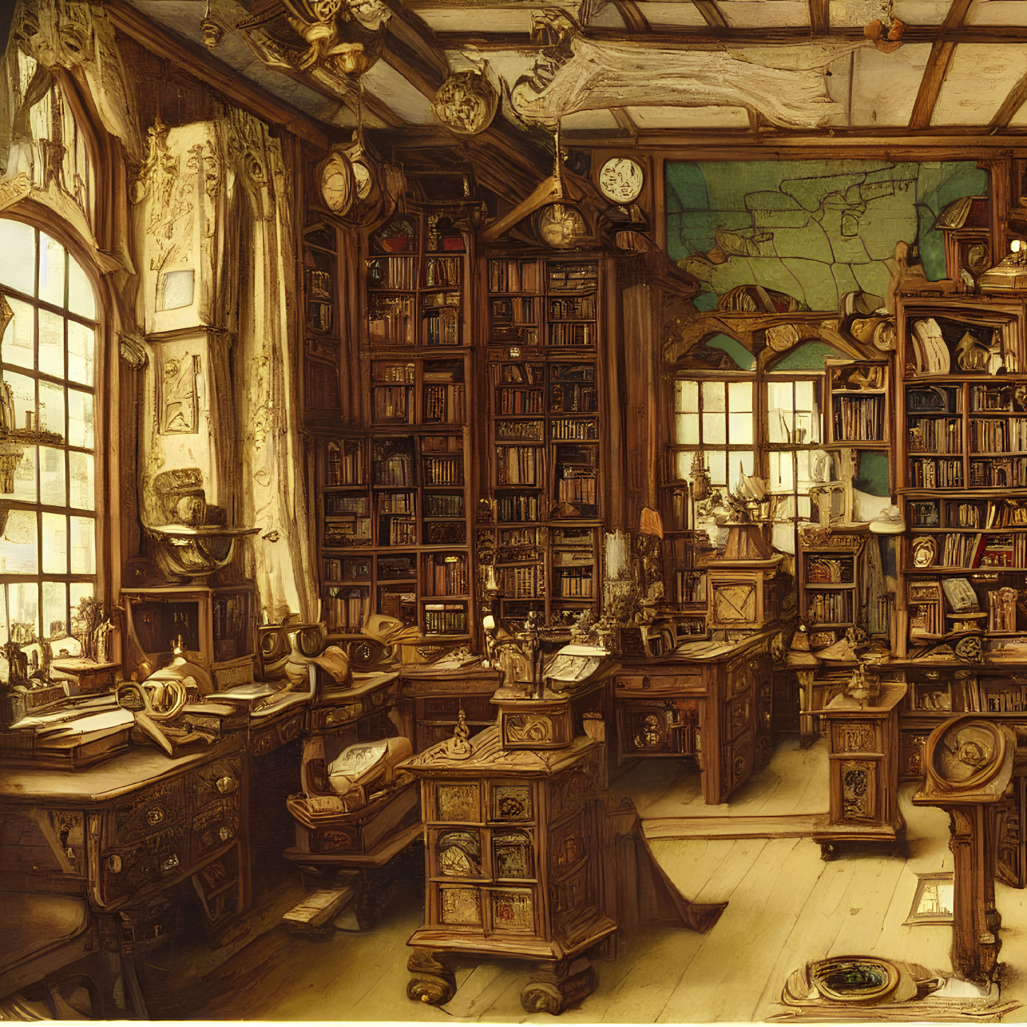 Antique Study Room with Wooden Furniture and Bookshelves