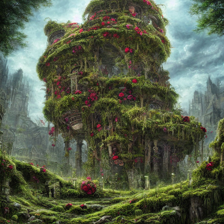 Overgrown tower with vines and red flowers in misty forest