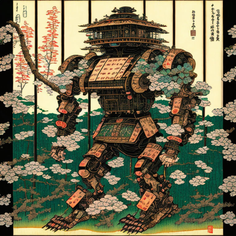 Japanese Woodblock Print Style: Robot Samurai in Cherry Blossoms