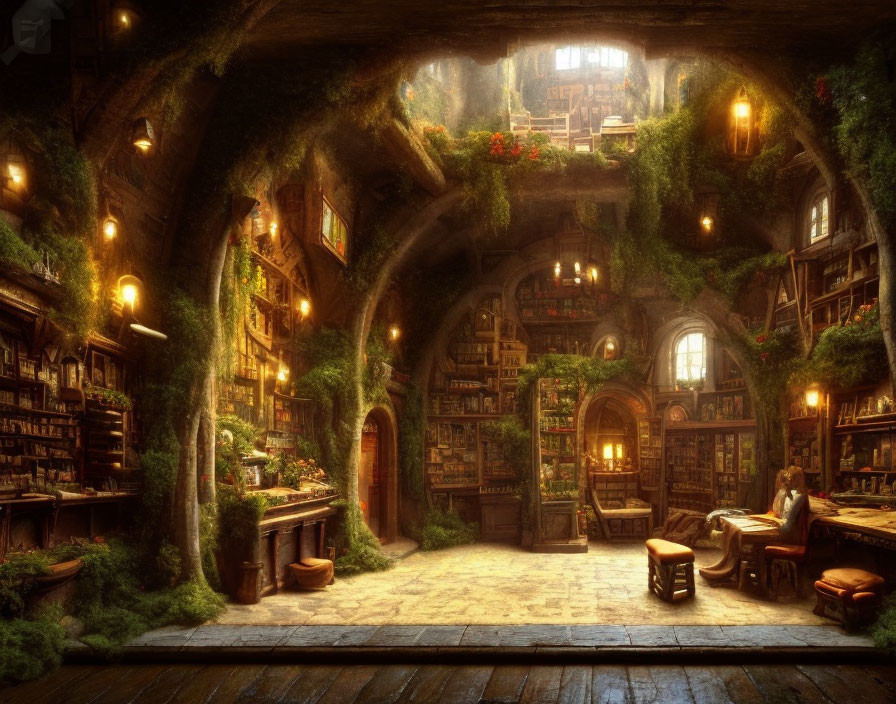 Cozy library with arches, warm lighting, books, greenery