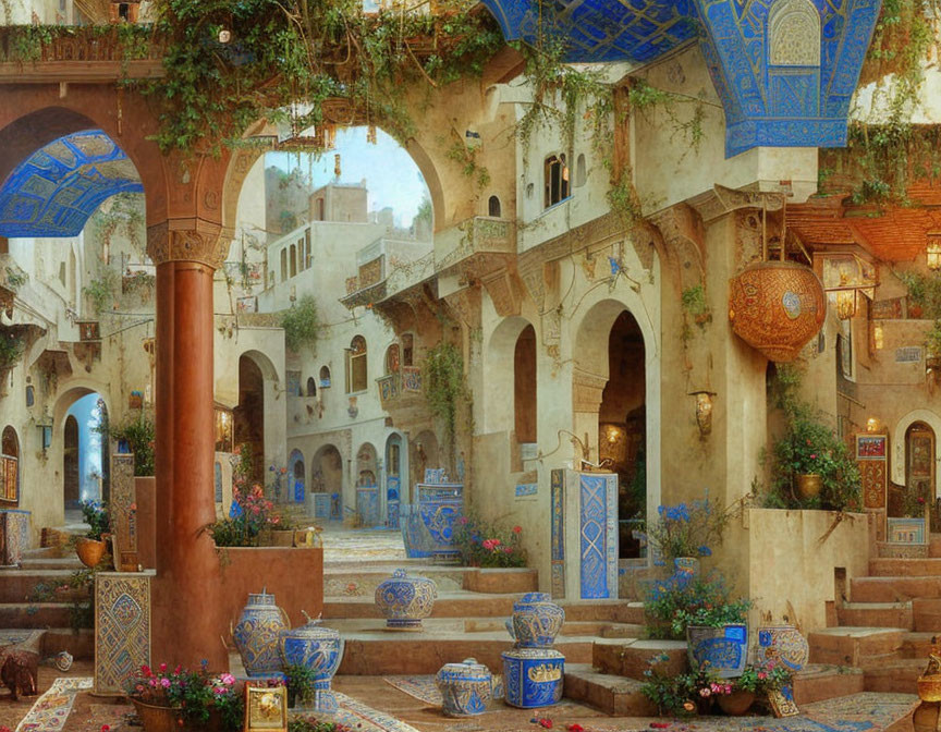 Middle Eastern Bazaar with Ornate Arches and Blue Mosaic Details