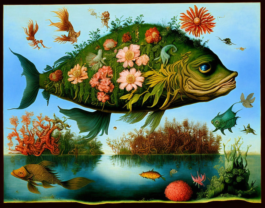 Colorful Fish with Garden on Back Surrounded by Marine Life