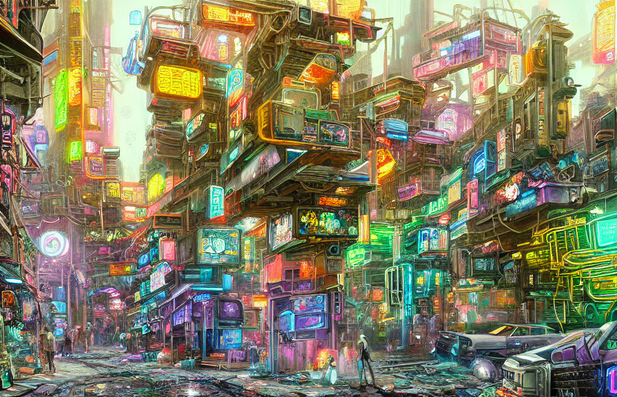 Futuristic cyberpunk cityscape with neon signs and towering buildings